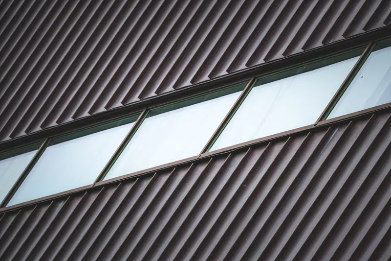 Ribbed metal roof panels seen up close