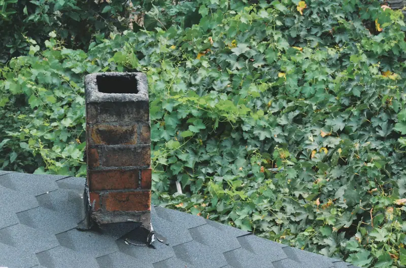 Uncapped brick chimney flue on an asphalt shingle roof